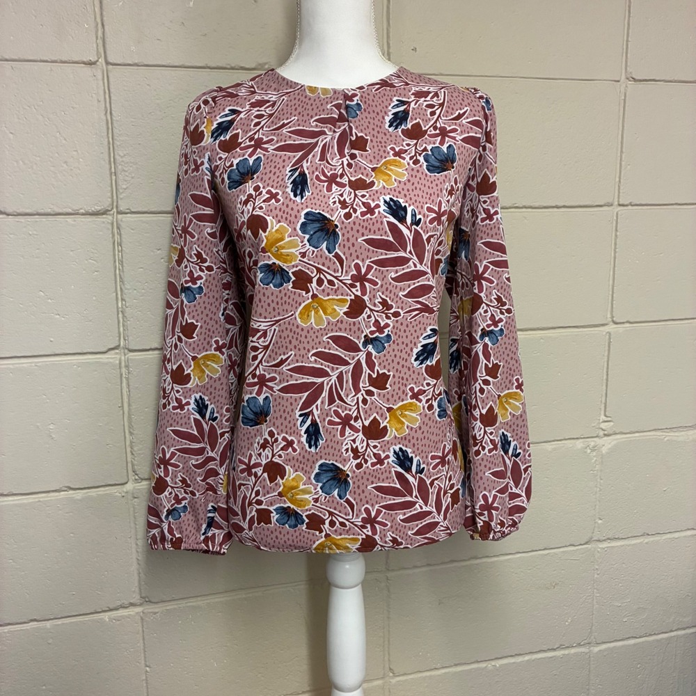 Denim & Co Floral Long Sleeve‎ Blouse Womens Medium Mauve Botanical Cottage Boho